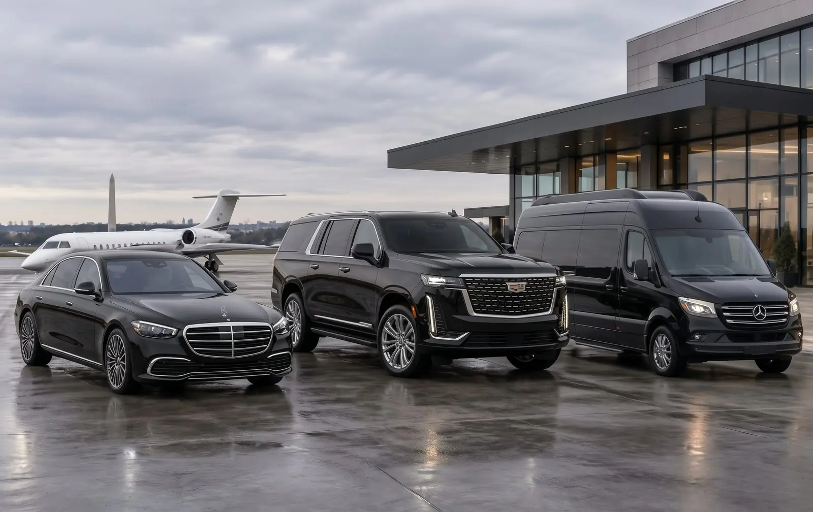Continent Limo executive fleet: black Mercedes-Benz S 580, Cadillac Escalade and Mercedes-Benz Sprinter beside a private jet at a Dulles International Airport FBO terminal